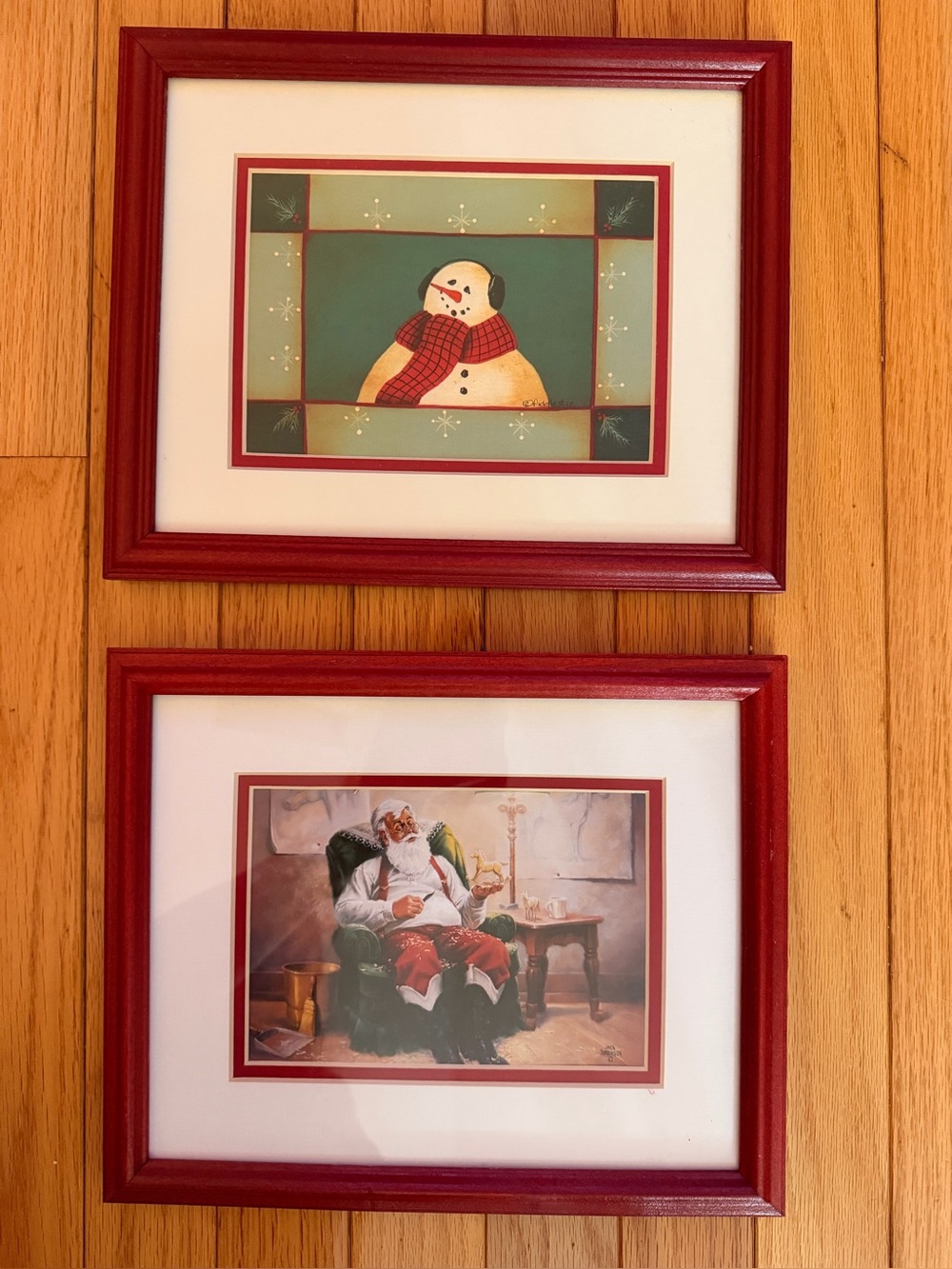 2 Vintage Red Framed Santa and snowman 8 x 11 prints Christmas